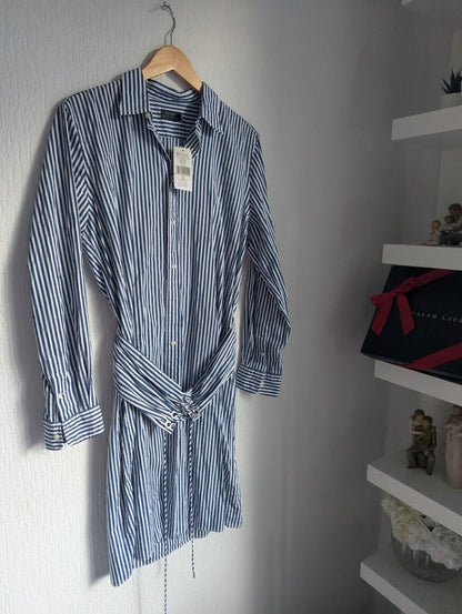 New Polo Ralph Lauren Poplin Shirt Dress Belted Smart UK 14 £175 Blue Stripe