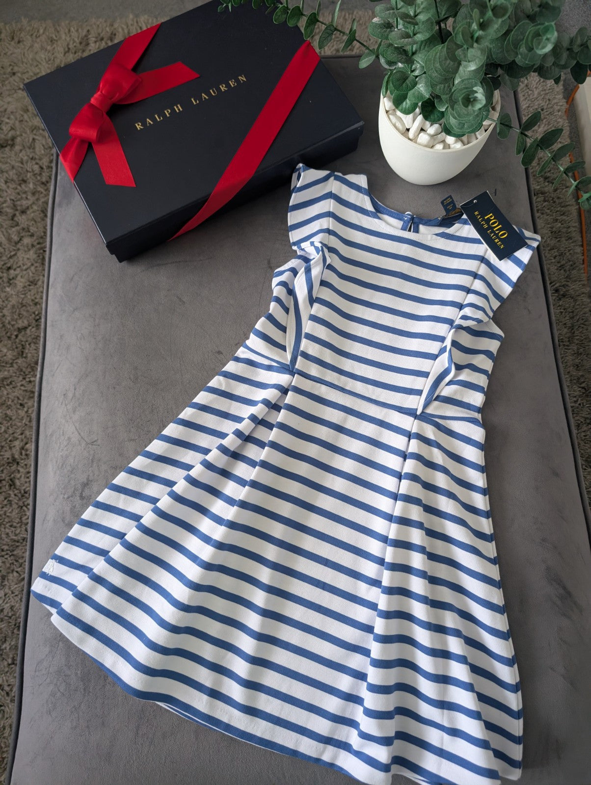 New Ralph Lauren Girls White Navy Stripe Polo Frill Stripe Ribbed Dress 6-7yr