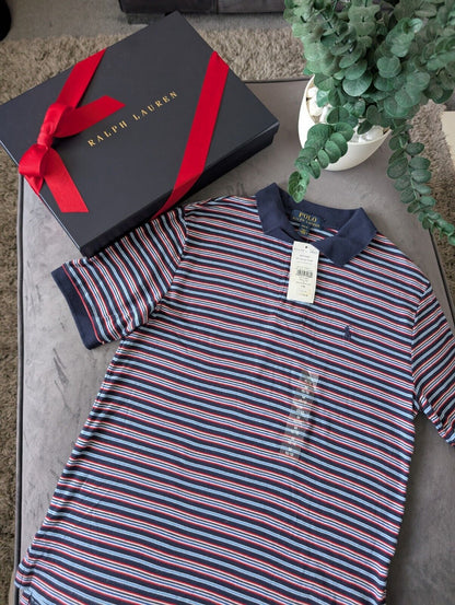 New Ralph Lauren Boys Navy Blue Stripe Polo T Shirt Age 10-12y  Smart Gift