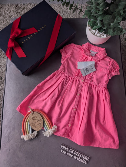 New Girls Polo Ralph Lauren Gorgeous Plain  Dress Oxford Neon Pink 12-18m Smart