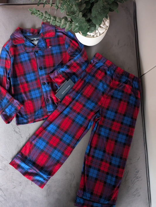 New Adorable Tommy Hilfiger Boys Plaid Pyjamas Blue Red Gift Soft 4 Checked