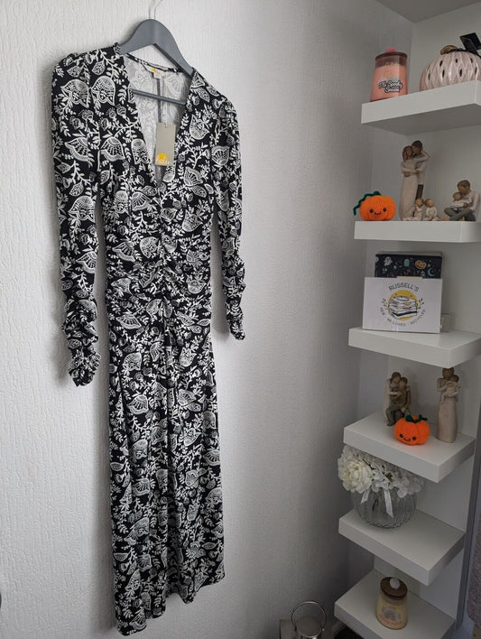 New Boden Ruched White & Black Print Jersey Midi Dress 6 R/Regular Autumn Winter