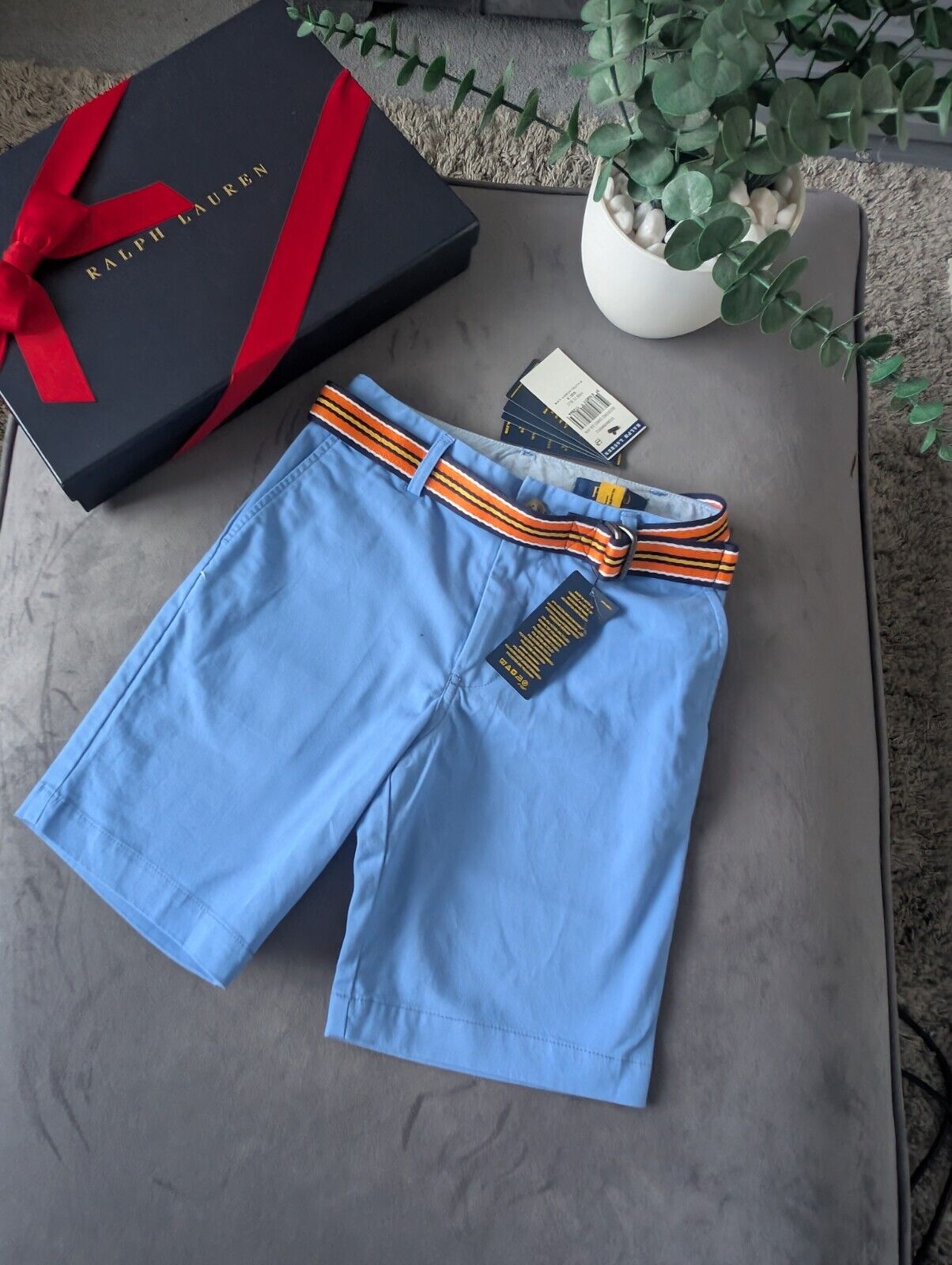 New Ralph Lauren Boys Blue Chino Shorts + Belt Smart Gift Age 8 Casual Summer