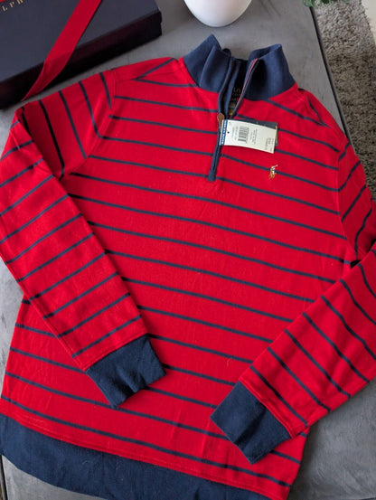 New Ralph Lauren Boys Navy  3/4 Zip Knit Red Stripe Top Top Jumper Age 14y