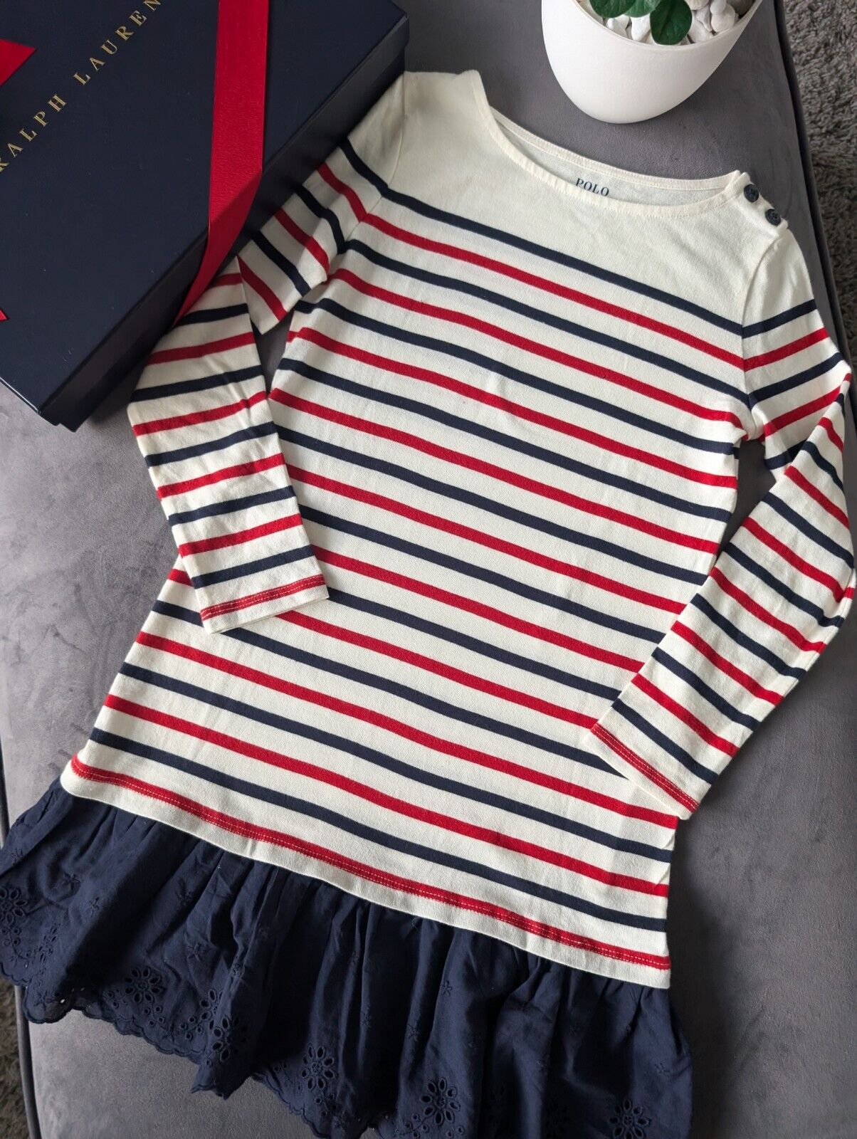 Worn Once Ralph Lauren Girls Stripe Navy Red Ivory Dress Embroidered Age 7