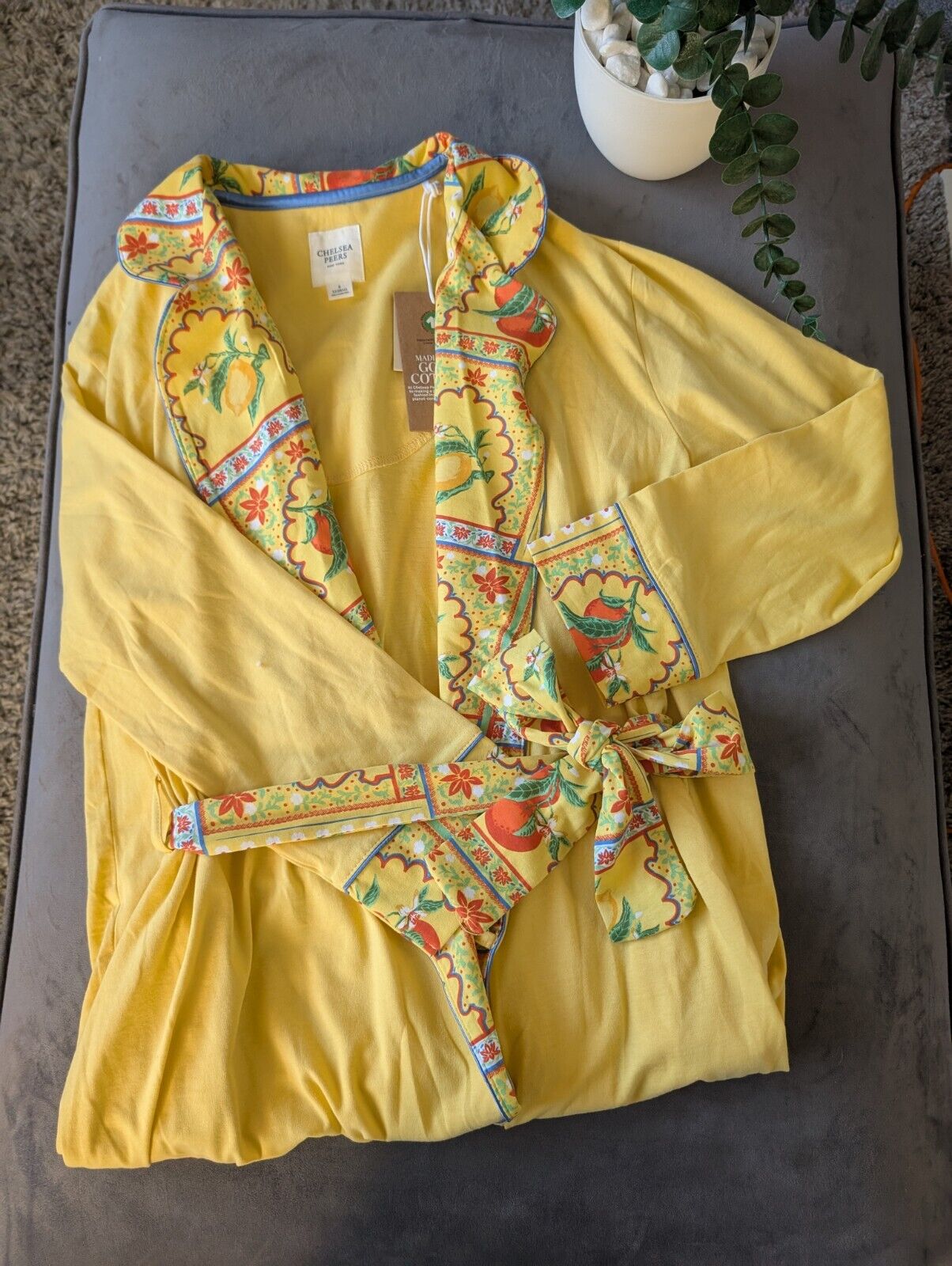 Chelsea Peers  Cotton Yellow Robe Dressing Gown Size XXS UK6 Bnwt lemons design