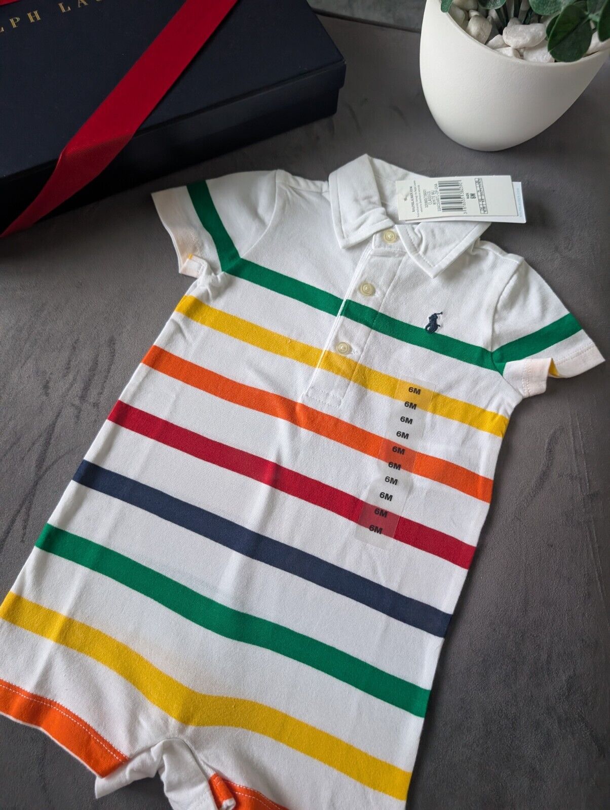 New Ralph Lauren Baby Boy Multi White Stripe Romper 6m Gift Cute Baby Summer