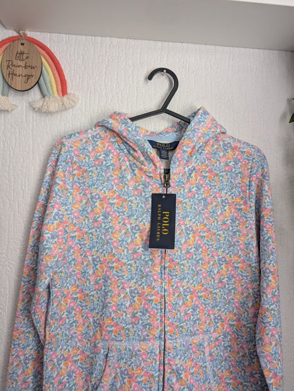 New Ralph Lauren Girls Floral Pink Blue Hoodie Spring Full Zip 10-12y Gift Cute