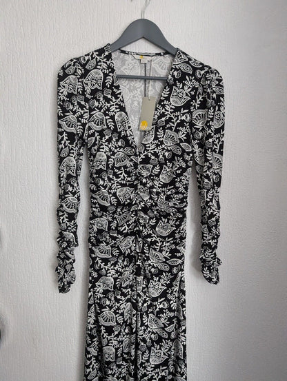 New Boden Ruched White & Black Print Jersey Midi Dress 6 R/Regular Autumn Winter