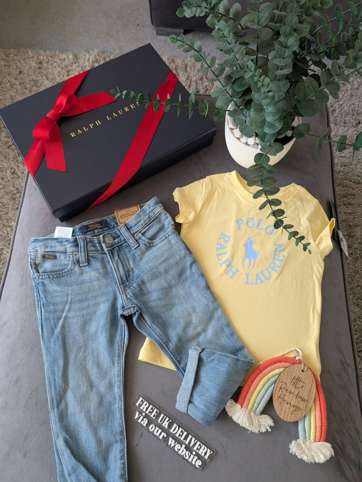 New Ralph Lauren Girls Yellow T Shirt + Blue Denim Boyfriend Jeans Summer 2yrs