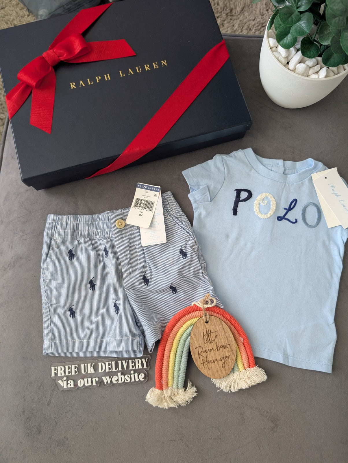 New adorable Ralph Lauren Blue t Shirt + navy blue short Belted 3-6m gift Cute