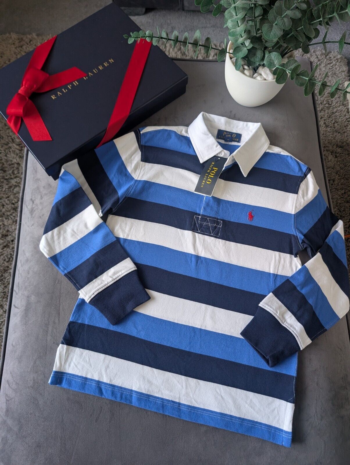 New Ralph Lauren Boys Rugby Style Stripe Long Sleeve Polo Blue White  8y Boys