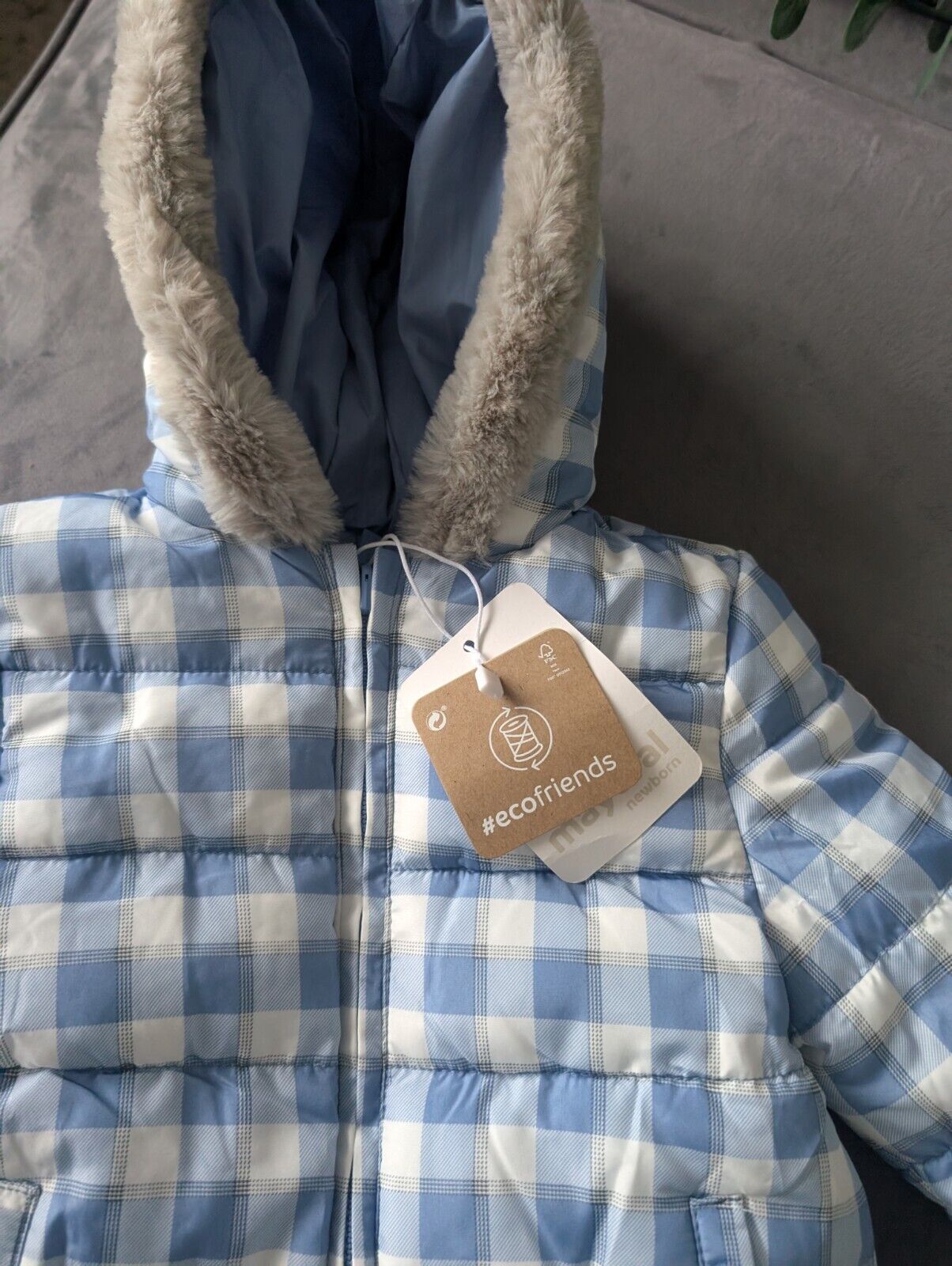 New Baby Mayoral Padded Winter Coat Age 6/9mth Blue Check Fur Trim Hood Gift