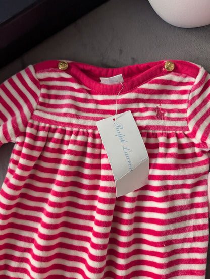 New Ralph Lauren baby girls stripe all in one babygrow Fleece Soft gift 3m Pink