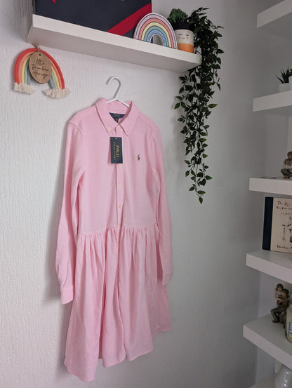 New Ralph Lauren Pink Embroided Logo Smart Formal Cotton Oxford Shirtdress 12yrs