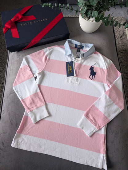 New Ralph Lauren Boys Iconic Pink White Stripe Long Sl Polo Shirt Smart Gift 8y