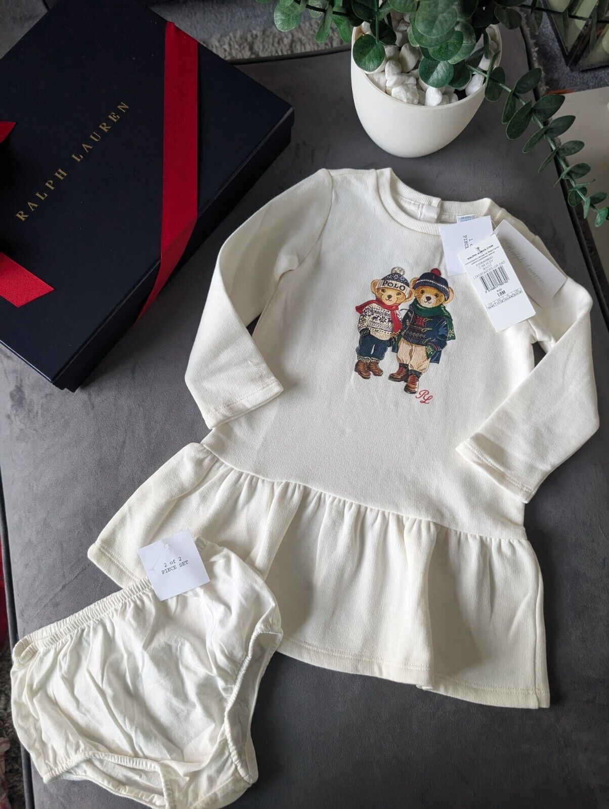 New Ralph Lauren Girls White Sweatshirt Dress Bear Duo Pretty Flare Gift 18mths