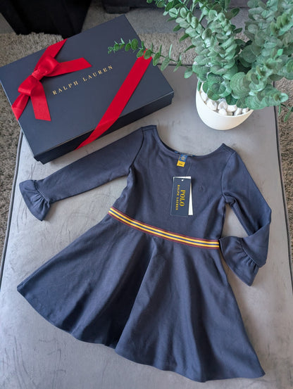 New Stunning Ralph Lauren Girls Ponte Frill Sleeve Navy Dress Belted Gift 2y