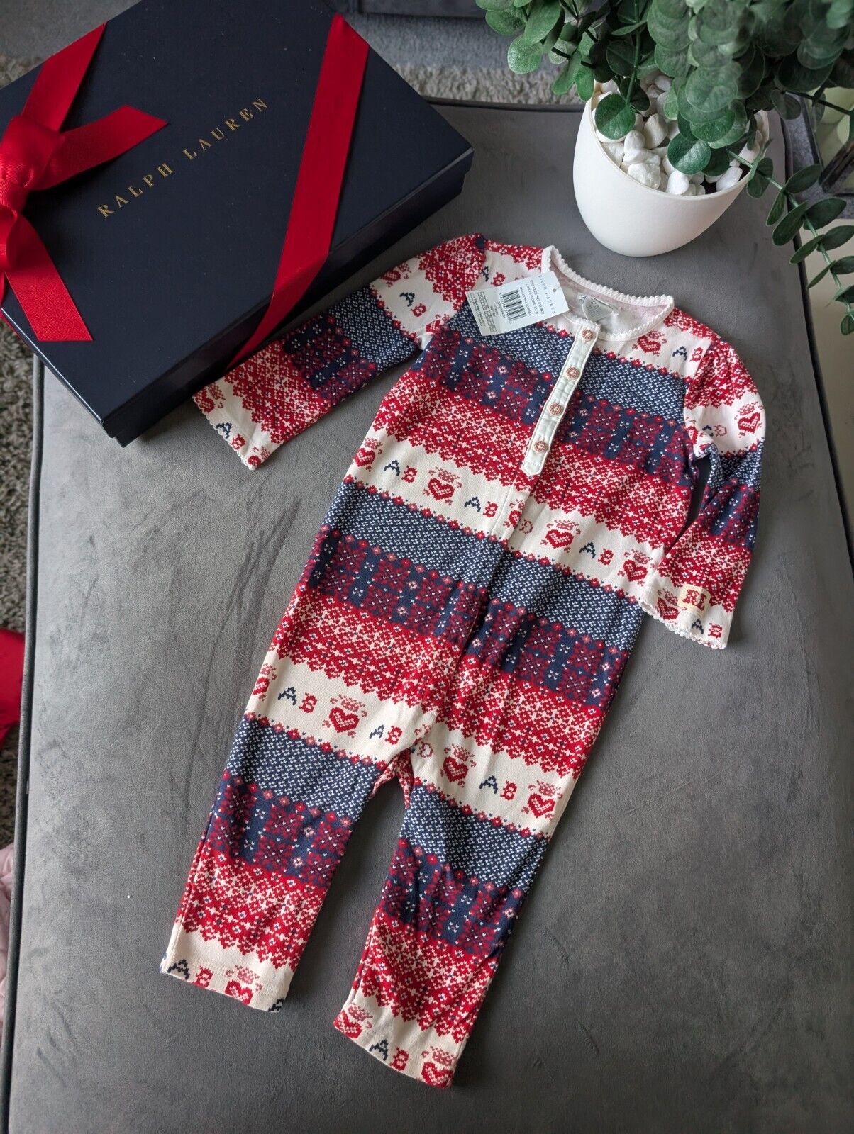 New Ralph Lauren baby Red All In One Baby Grow Aztec Fair Isle Heart gift 6-9m