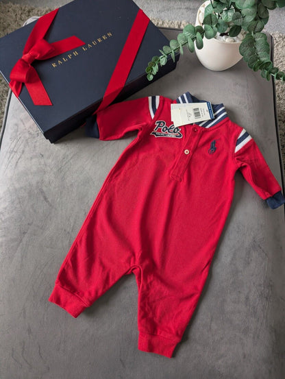 New Adorable Ralph Lauren Boys Navy Stripe Coverall All In One Red Baseball 0-3m