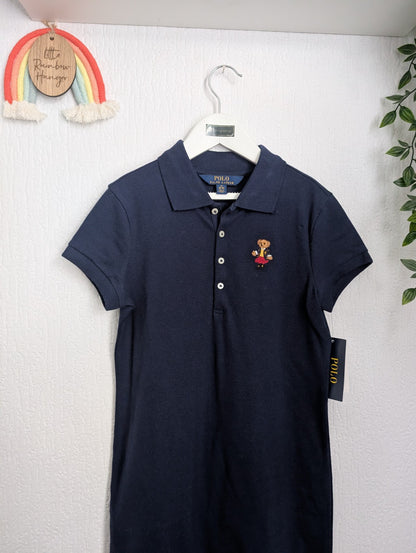 New Ralph Lauren Girls Navy Polo Dress Teddy Bear Design Embroidery M 8-10y Gift