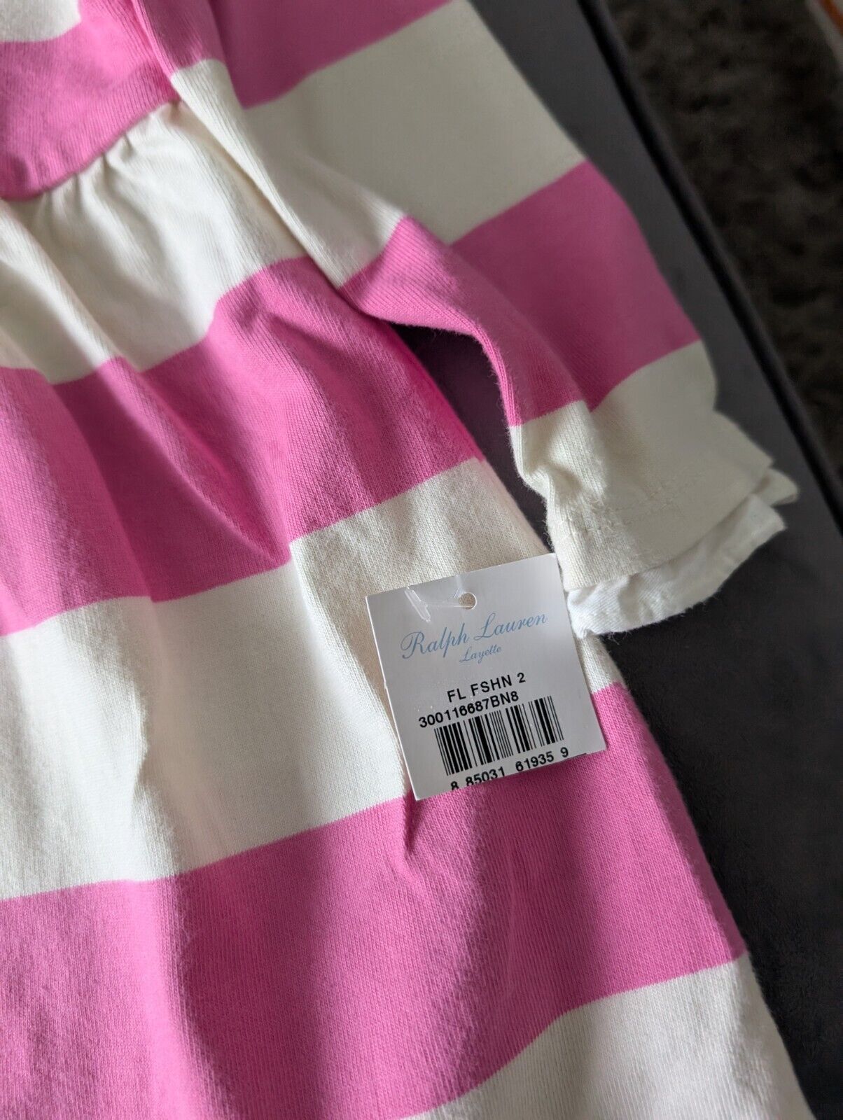 New Stunning Ralph Lauren Baby Girls Pink White Stripe Dress + Bloomer 6-9m Gift