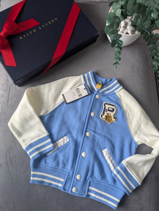 New Ralph Lauren Unisex Bomber Jacket Bear Club Baby Blue White Baseball Age 4