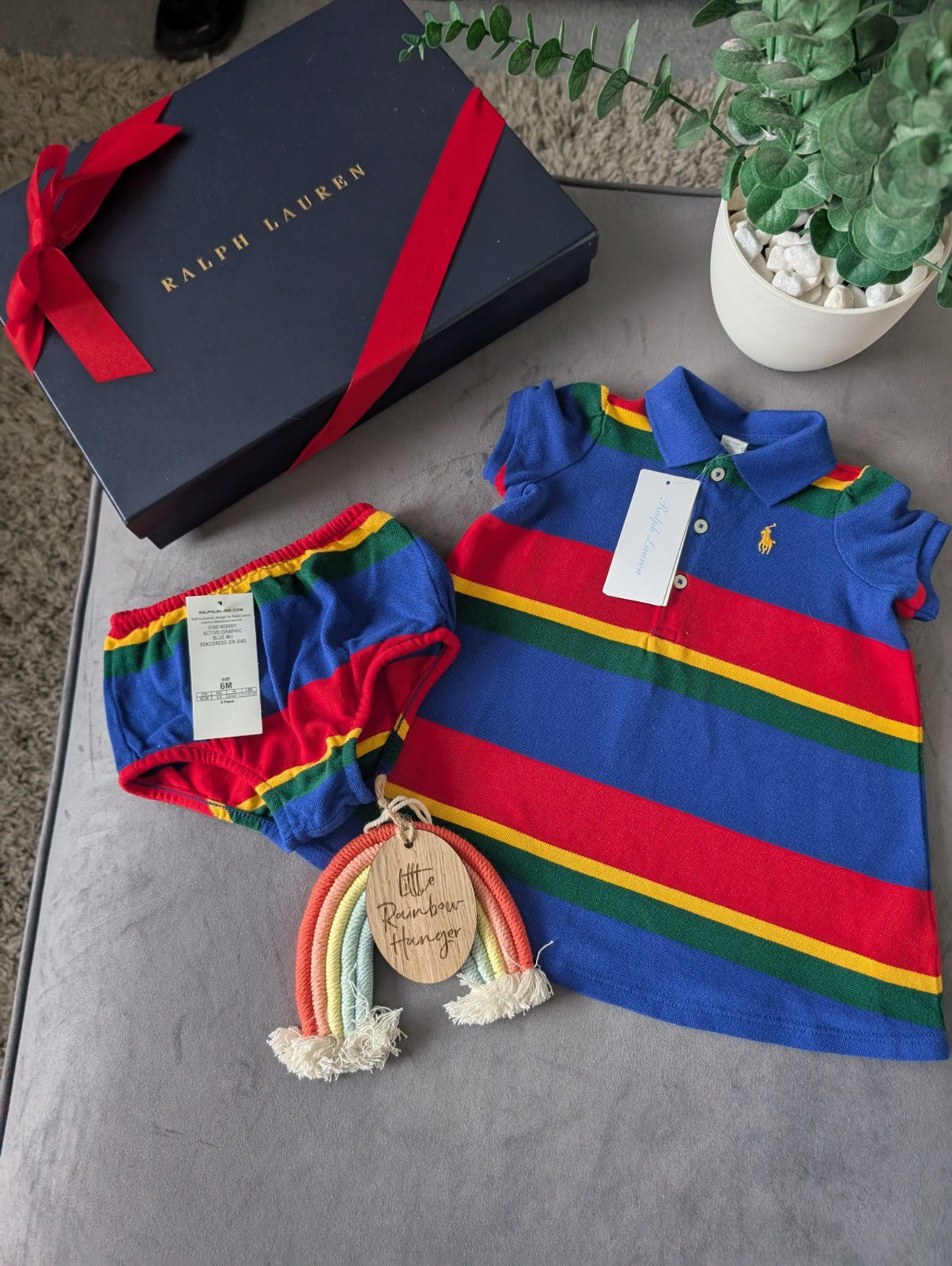 New Ralph Lauren Girls Blue Stripe Dress + Bloomers Summer 3-6m Multi Rainbow