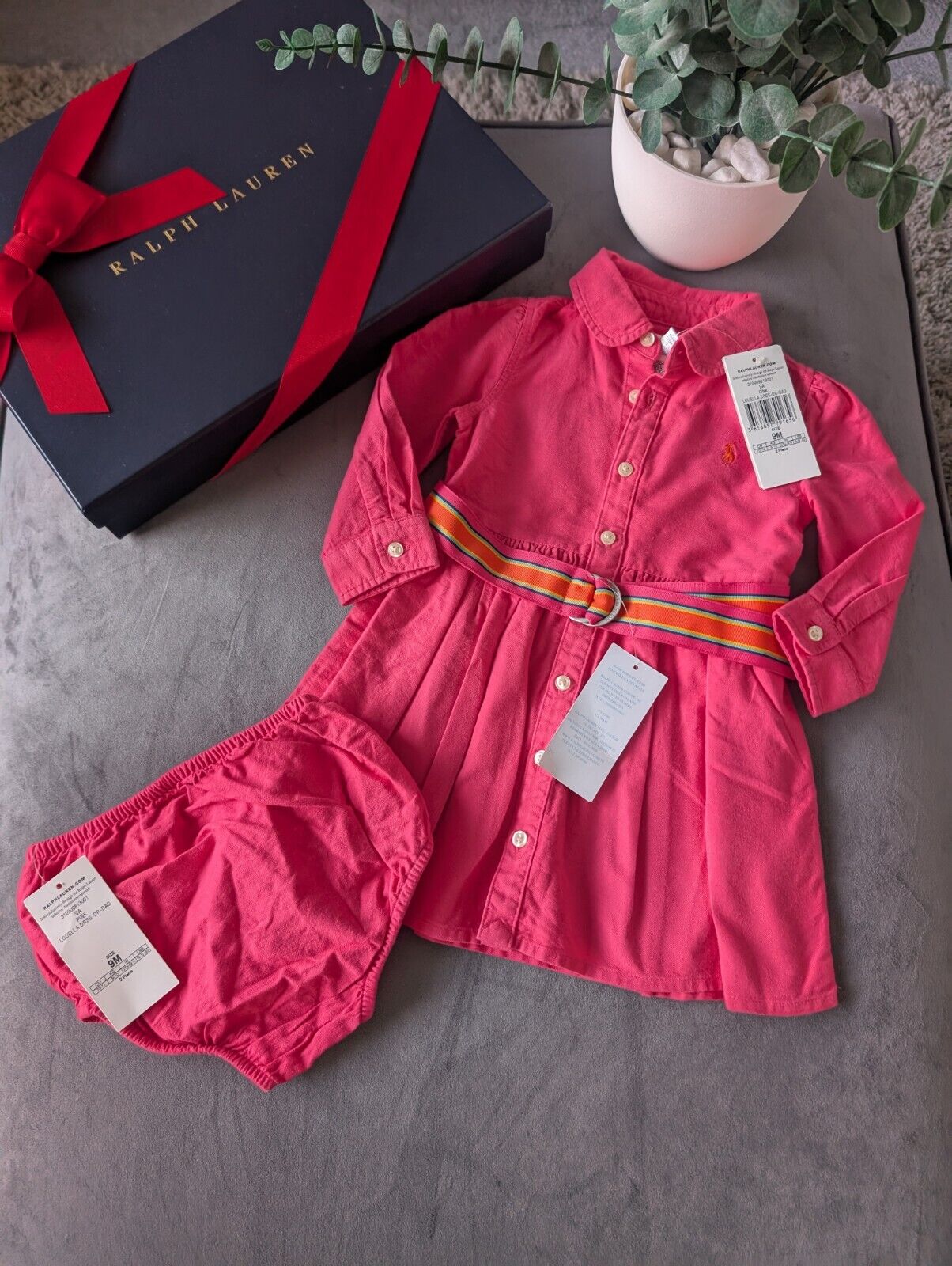 Ralph Lauren Polo girls buttoned Oxford Shirt dress Pink Belt Yellow 6-9m Gift