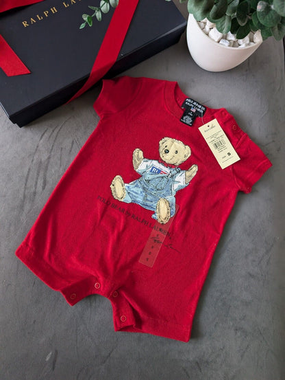 New Vintage Ralph Lauren Polo Jeans Bear Romper Baby Boy Red Cute Gift 3-6m