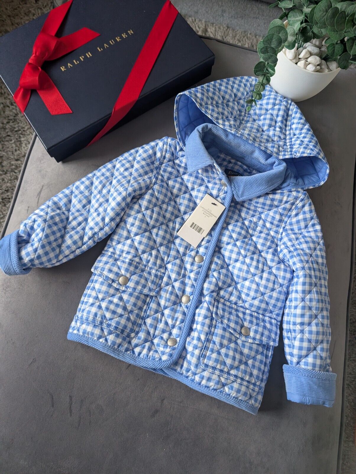 New Ralph Lauren Boys Gingham Coat Navy Blue Quilted Barn Jacket Age 4 RRP £159