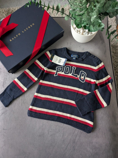 New Ralph Lauren Boys Navy Smart Casual Pullover Stripe Jumper Pony Logo Age 2-3