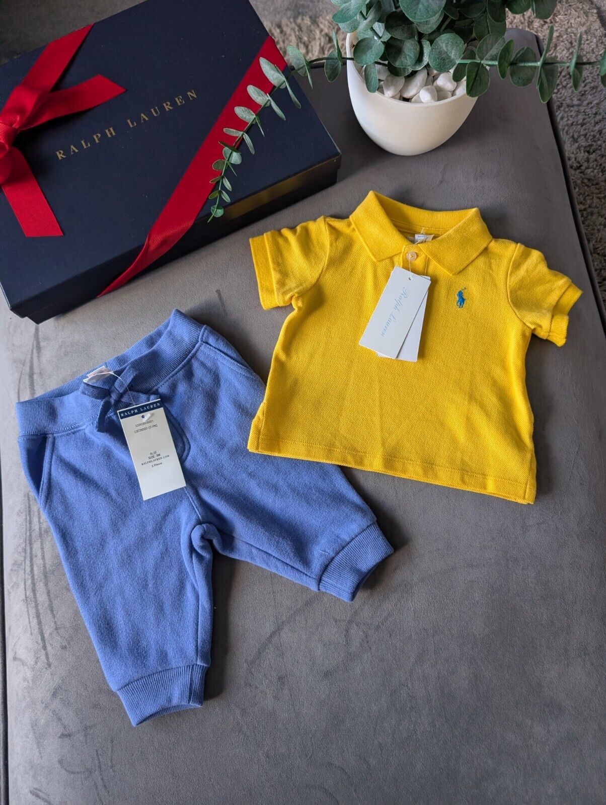 New adorable Ralph Lauren boys Yellow Polo Shirt + blue Jogger set 0-3m Cute