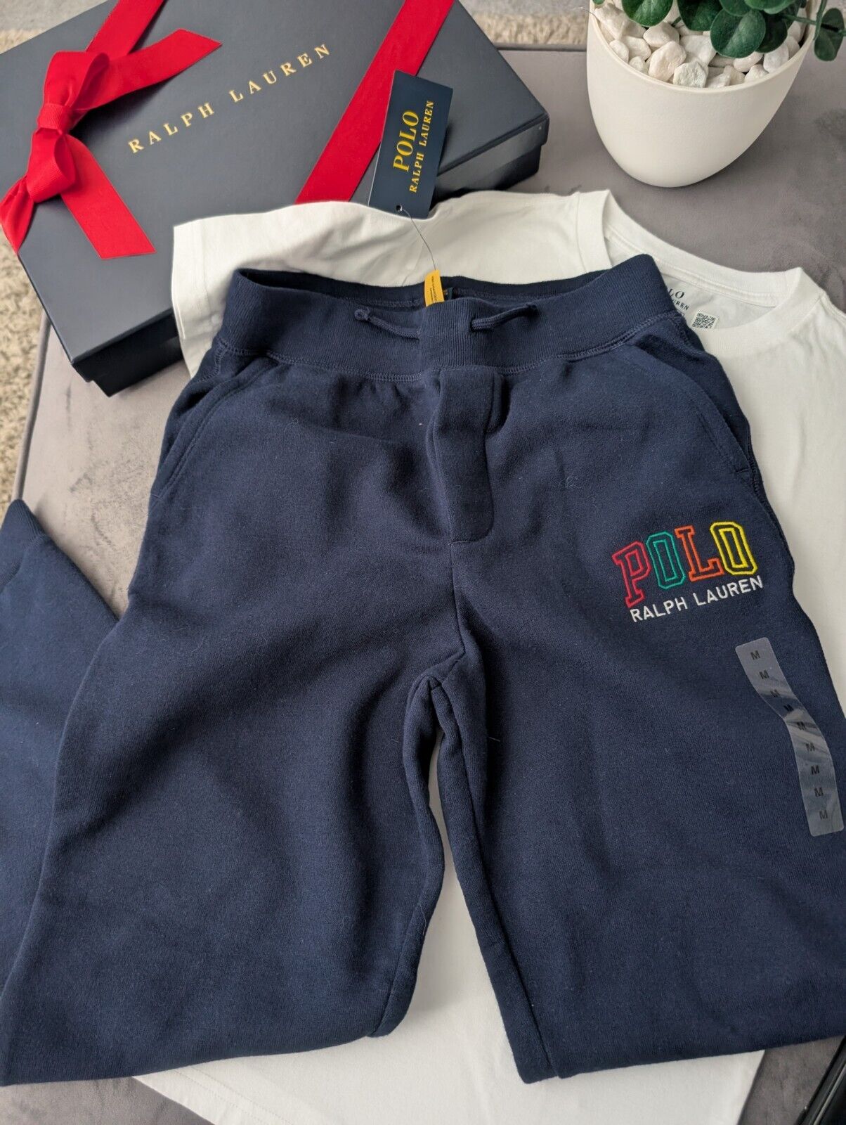 New Ralph Lauren Boys Kids Top + Jogger White Navy Embroided Logo Pony 10yr Gift