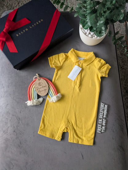 New Ralph Lauren Baby Boy Yellow Smart Romper 3-6m Cute Summer Shortall