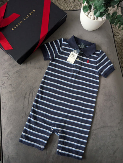 New Ralph Lauren Baby Boy Blue Navy Stripe Romper 12-18m Gift cute summer