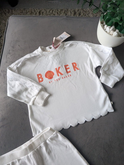 New Ted Baker Girls White Jumper Short Scalloped Edge Tracksuit Gift 18-24m