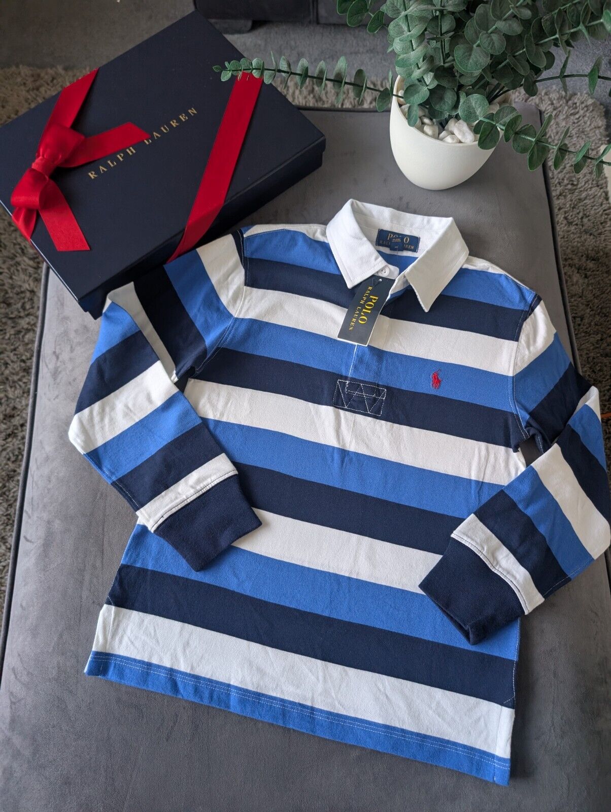 New Ralph Lauren Boys Rugby Style Stripe Long Sleeve Polo Blue White  8y Boys