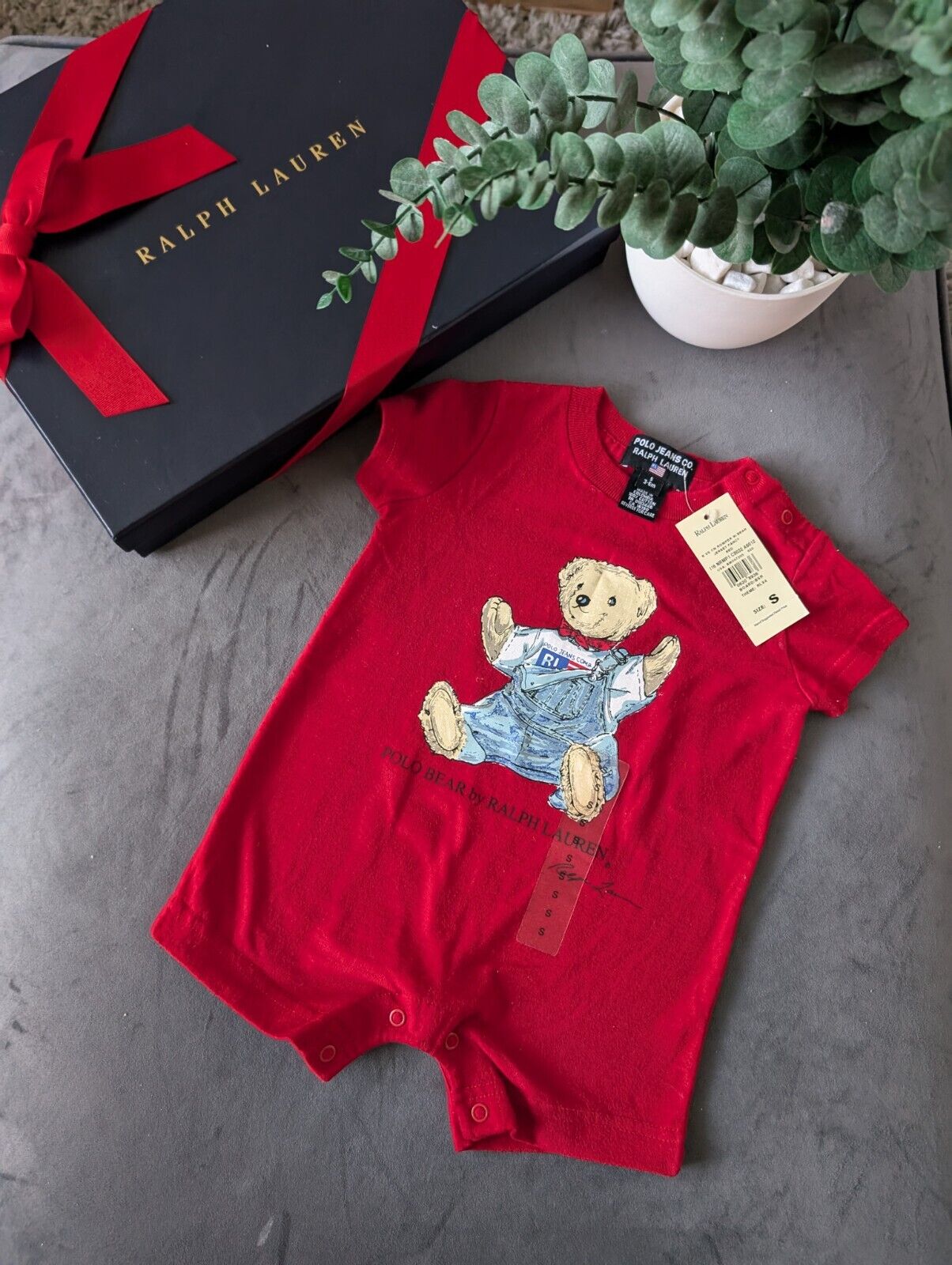 New Vintage Ralph Lauren Polo Jeans Bear Romper Baby Boy Red Cute Gift 3-6m