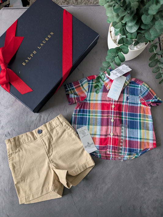 New adorable Ralph Lauren boys Check Shirt + Chino Short Smart Cute 0-3m Gift