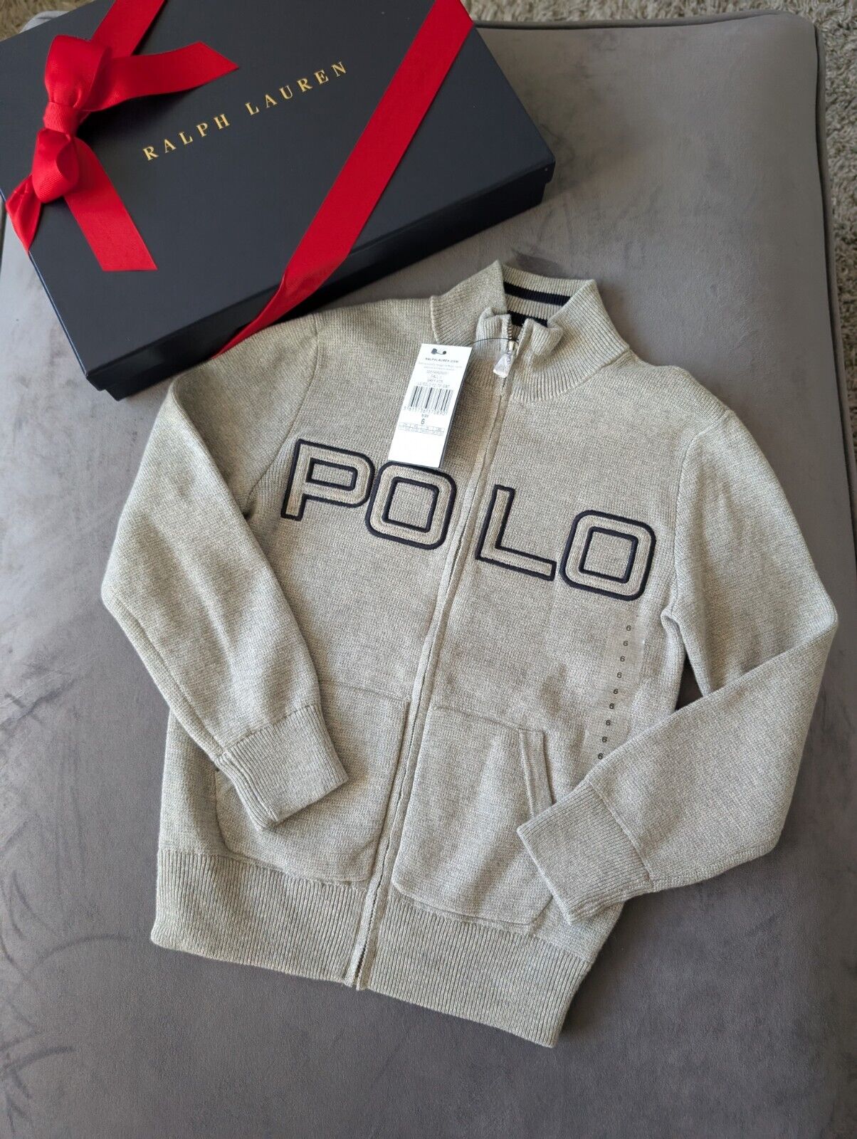 New Ralph Lauren boys Grey Polo Zip knit jacket Navy Smart Casual 5-6y Gift