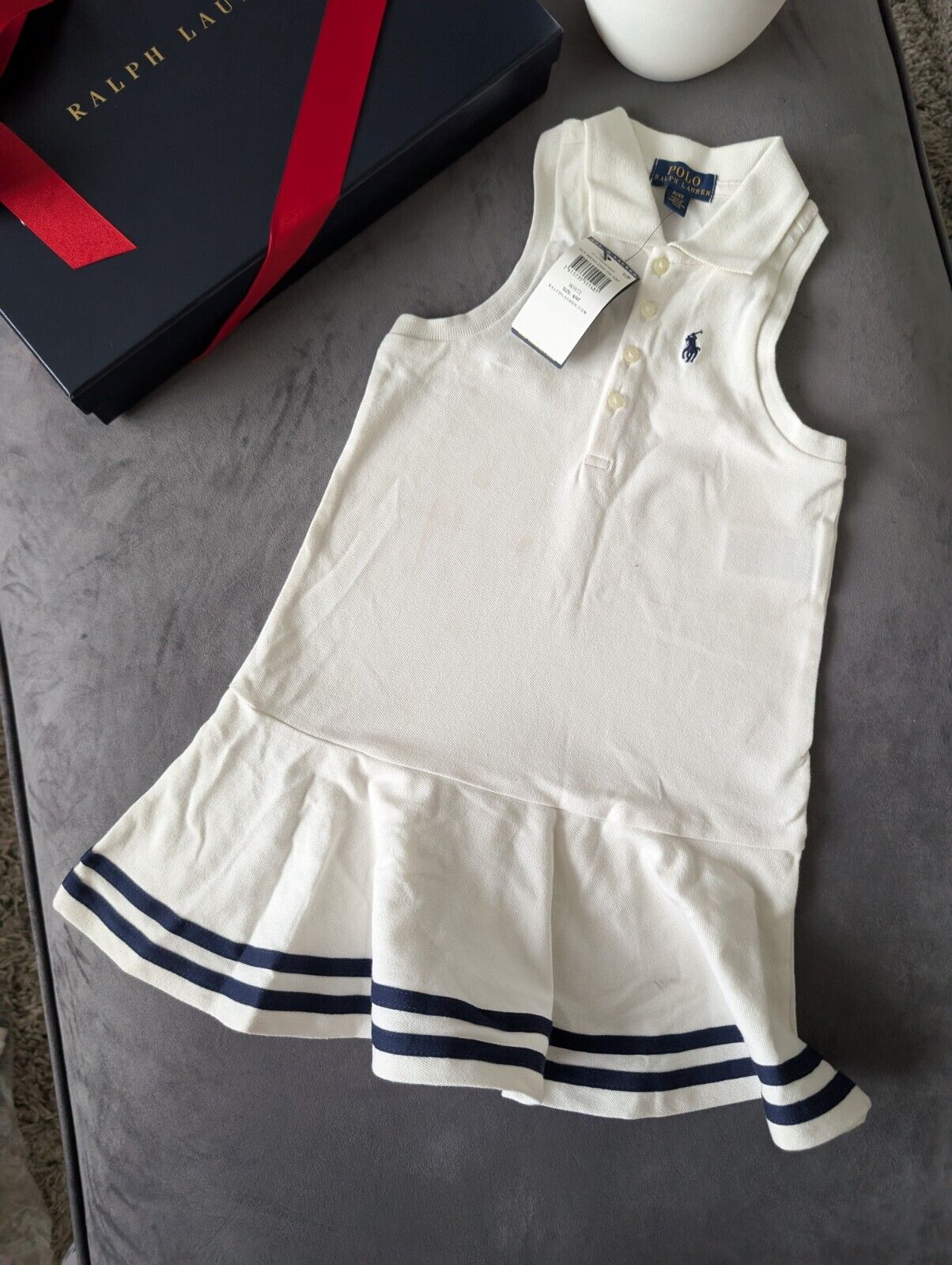 New Ralph Lauren Girls White Navy Stripe Polo Frill Sleeveless Dress Gift Age 4