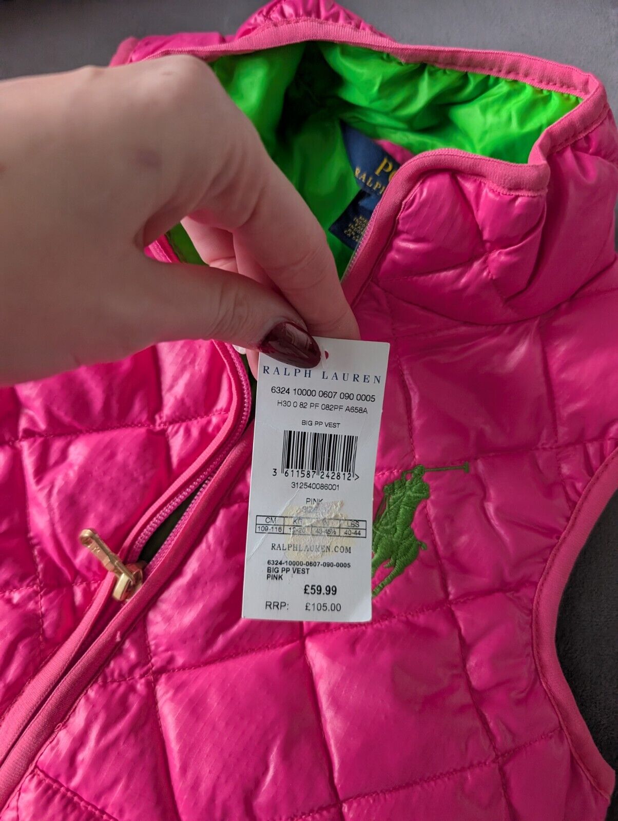 New Ralph Lauren Girls Bright Pink Green Quilted Gilet Bodywarmer Age 5 Gift