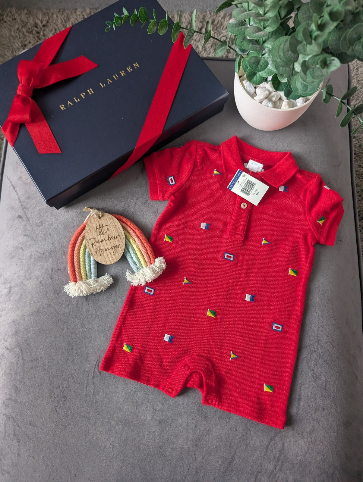 New Ralph Lauren Baby Boy Red Embroidery Flag Romper Gift 3-6m Summer Holidays