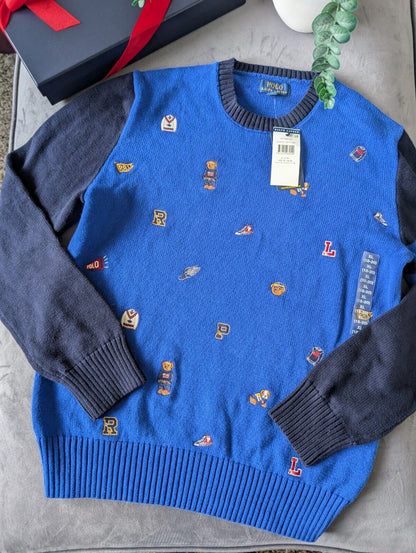 New Polo Ralph Lauren Jumper Boys 16y Blue Bear  Dog Cricket Embroidered Gift