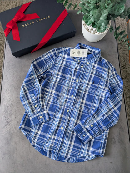 New Ralph Lauren Blue White Check Boys Shirt Smart Occasion Age 7 Yrs Gift