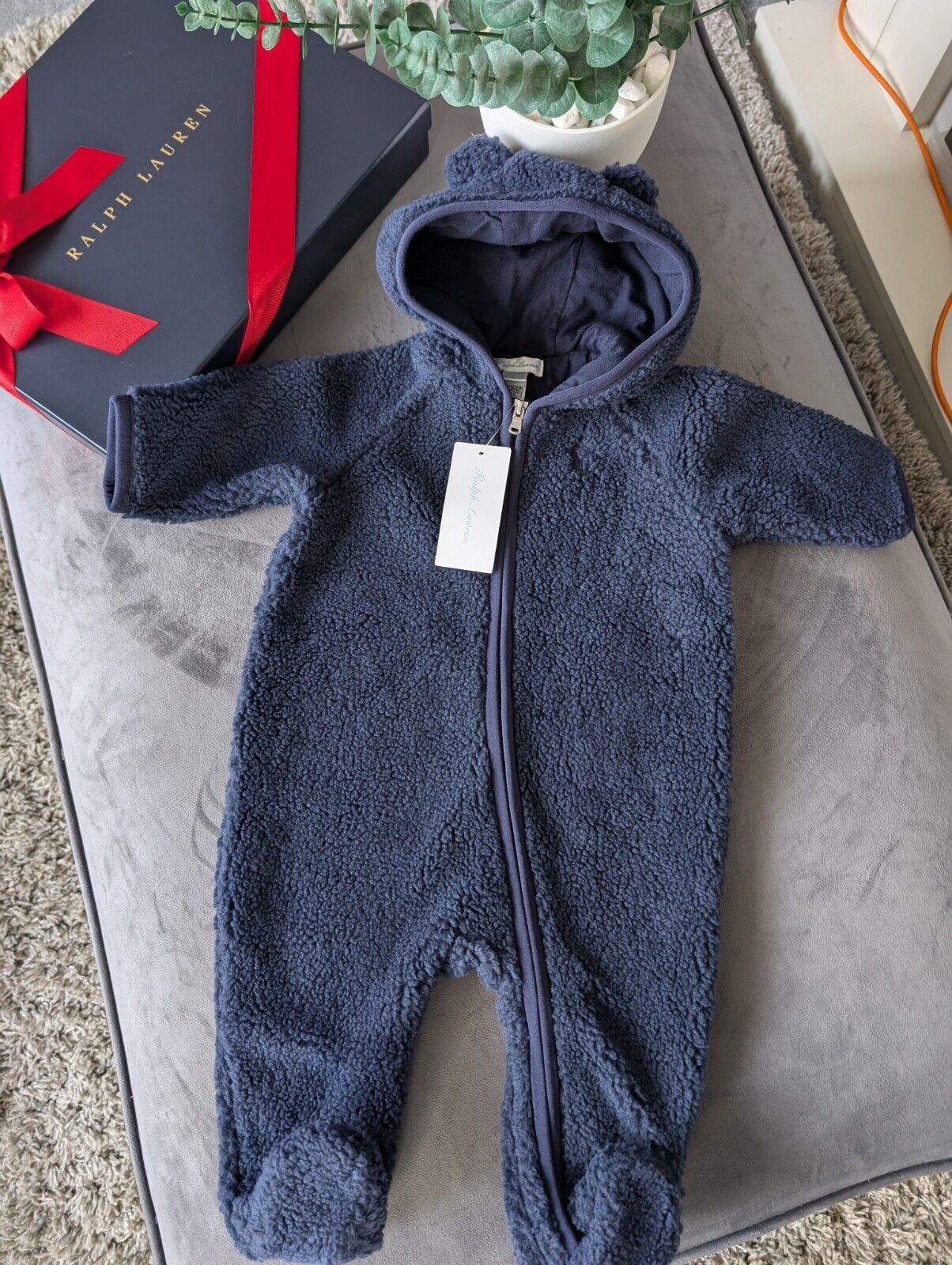 New Ralph Lauren baby boys faux shearling bear all in one snowsuit baby gift 3-6