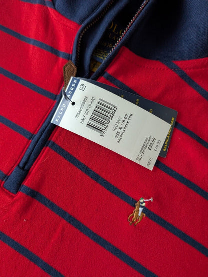 New Ralph Lauren Boys Navy  3/4 Zip Knit Red Stripe Top Top Jumper Age 14y