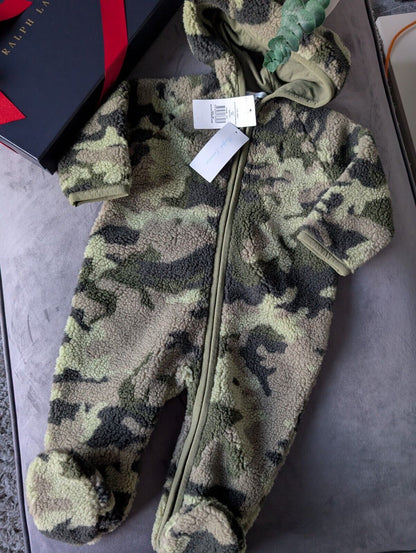 New Ralph Lauren baby boys faux shearling bear all in one snowsuit Army gift 6-9