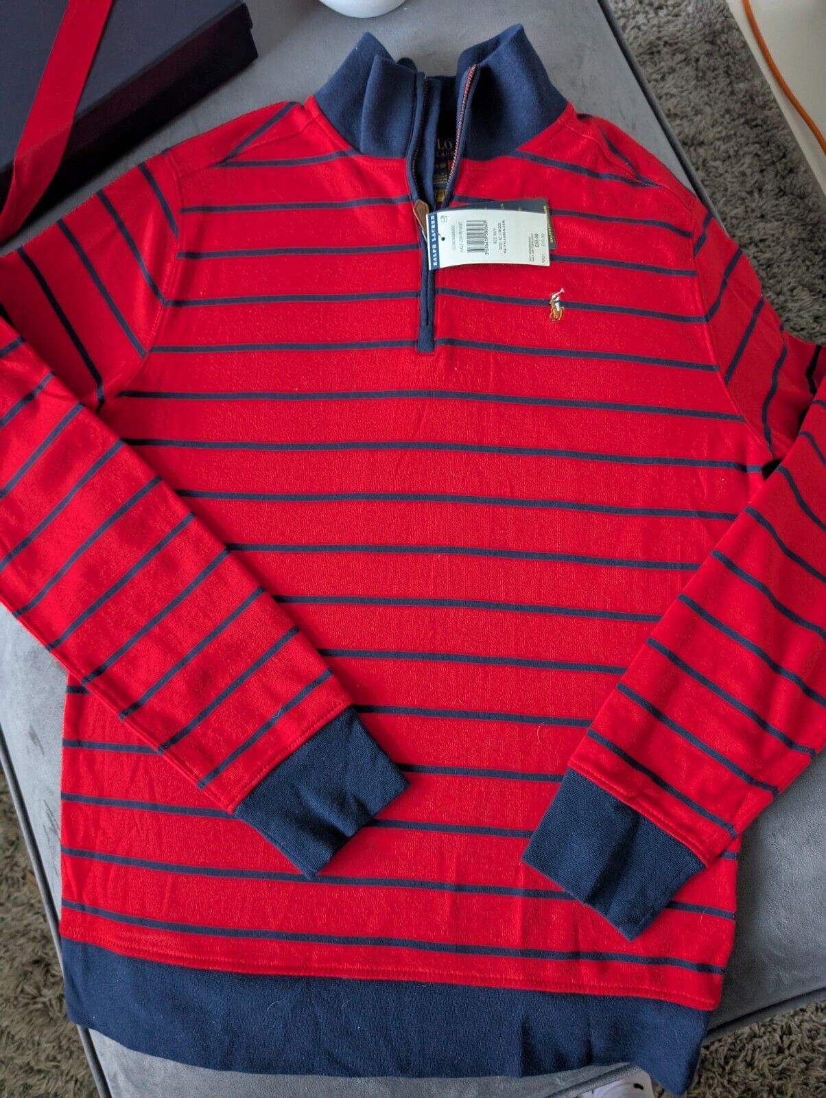 New Ralph Lauren Boys Navy  3/4 Zip Knit Red Stripe Top Top Jumper Age 14y